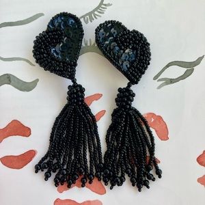 Vintage Sequin Black Heart Tassel Clip Ons